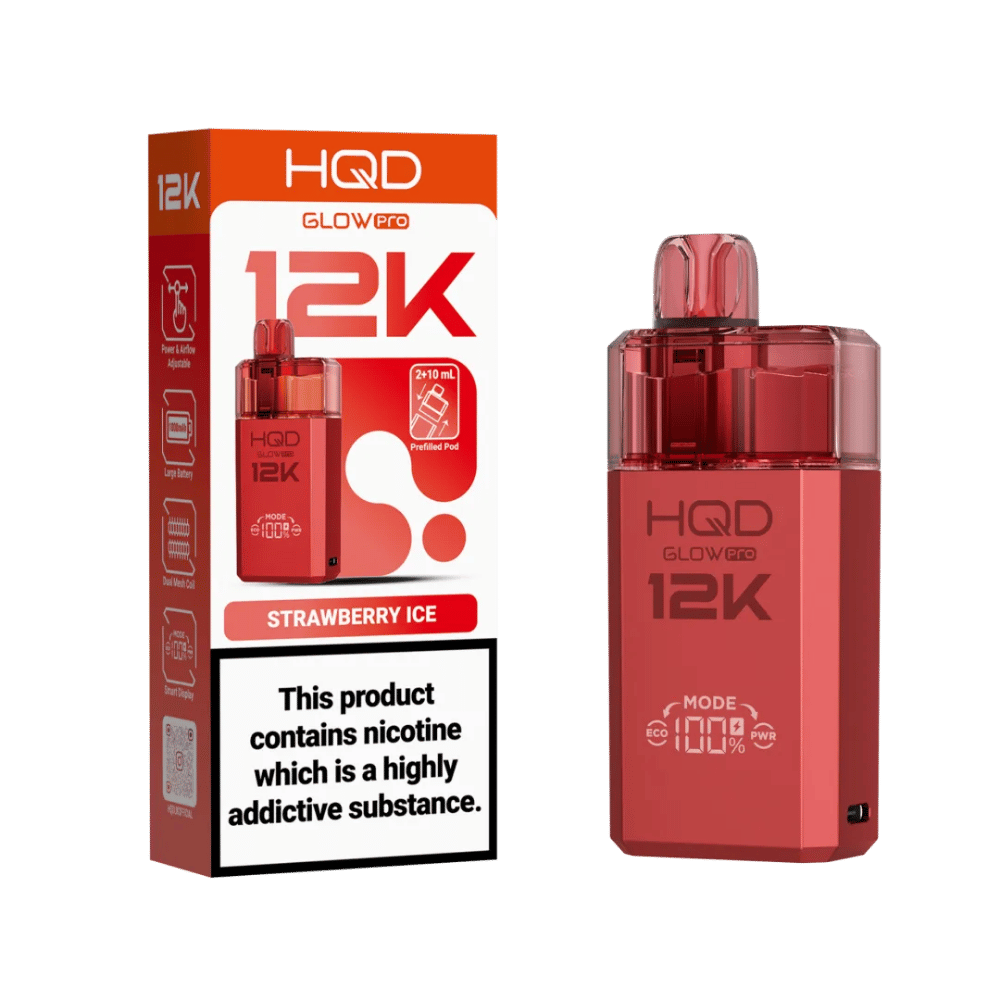 HQD Glow Pro 12K Prefilled Pod Kit - 20mg Rechargeable Vape HQD Glow Pro 12K Prefilled Pod Kit rechargeable vape available in 10 flavours including Strawberry Ice